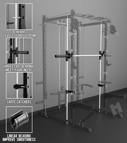Eonfit E3 Smith Machine with 360°Rotating Arm for Home Gym Equipment, Multi-Function Power Cage Squat Rack with Cable Crossover LAT Pulldown Pulley System All in One