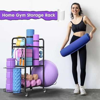 Home Gym Storage Rack Exercise Equipment Storage Organizer for Yoga Mat Dumbbells Kettlebells Foam Roller Yoga Strap & Resistance Bands, Ideal Yoga Mat Holder & Workout Equipment Organizer