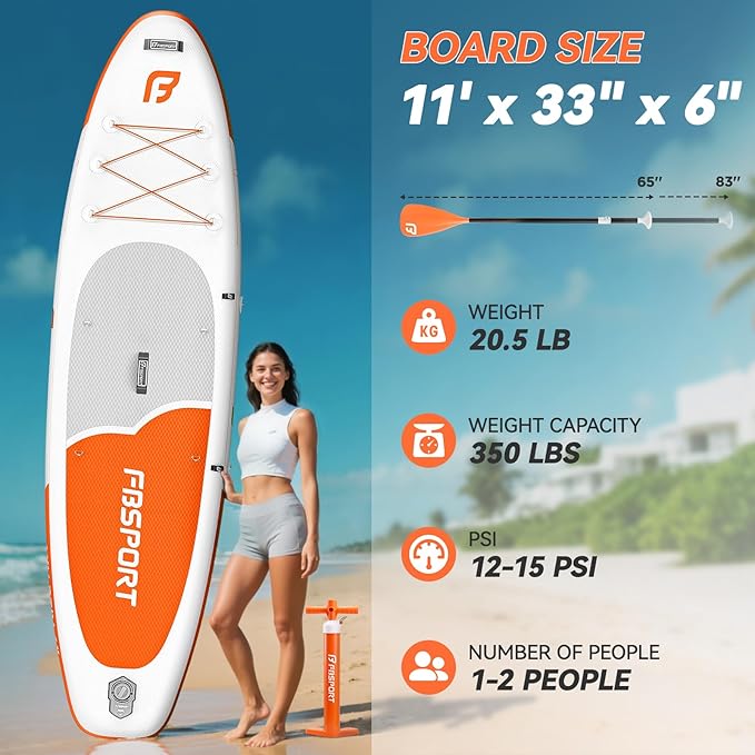 FBSPORT 11FT Premium Inflatable Stand Up Paddle Board with Electric Pump, Yoga Board with SUP Accessories & Carry Bag | Wide Stance, Surf Control, Non-Slip Deck, Leash and Paddle for Youth & Adult