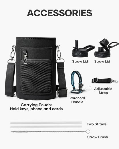 One Gallon Water Bottle,128oz Insulated Flask Stainless Steel Vacuum, Cold for 48 Hrs,BPA-Free & Leakproof -with Paracord Handle,Strap,Straw Spout Lids,Large Jug for Gym Sports,Indigo Black