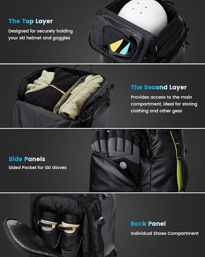 Gonex 50L Ski Boot Bag Backpack, Waterproof Snowboard Boot Backpack for Men Women, Ski Boots Bag for Travel, Ski, Snowboard, Helmet, Goggles and Outerwear Black