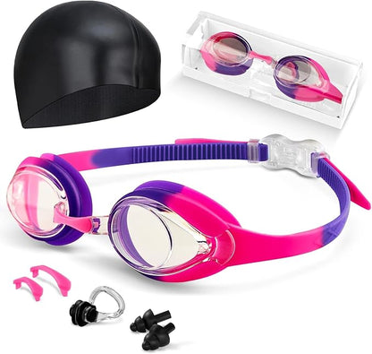 Kids Swim Goggles, Anti-fog and UV Protection with Swim Cap for Age 3-15 Youth Boys Girls Toddler