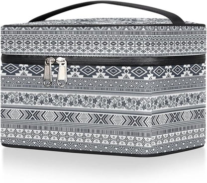 Large Makeup Bag Travel Cosmetic Bags for Women Grey Vintage Boho Geometric Chevron Aztec Makeup Organizer Case Toiletry Bag for Girls Traveling Wide Open Portable Pouch with Handle