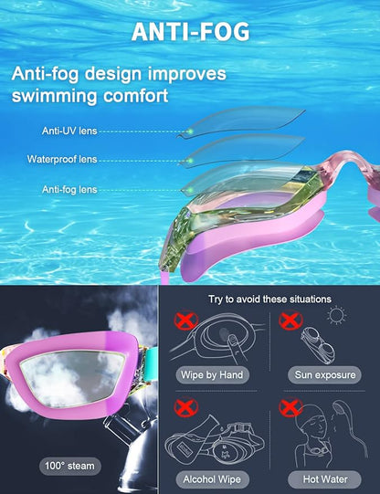 Kids Swim Goggles, Swimming Goggles for Kids with Nose Clip, Earplugs, Nose Bridge for Age 3-15