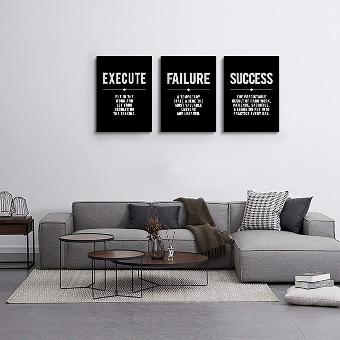 Framed Canvas Wall Art Success Quote For Office, Black Large Positive Motivational Poster, Set of 3, Execute Failure Definition, Inspirational Print (A-3pcs,12x16inchx3pcs)