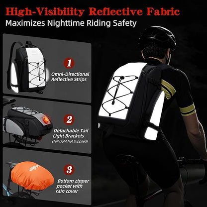 19L Reflective Bike Rack Bag Water Resistant Cycling Pannier Saddle Shoulder Bag with Rain Cover 4-in-1 Versatile Bag Accessories for Travel Commuting Shopping Outdoor Cycling Night-Riding Fitness