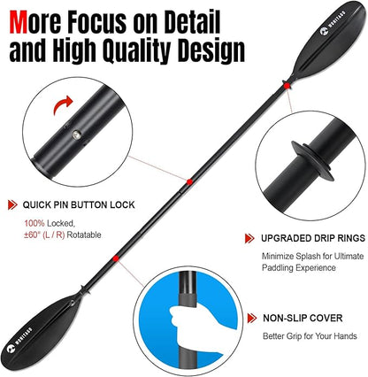 Kayak Paddle with Aluminum Shaft and Reinforced PP Blade, Floating Kayak Oar for Kayaking Canoeing and Boating, 220 cm/86 inches - 230 cm/90 inches