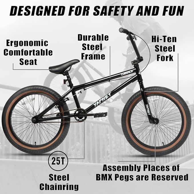 Freestyle BMX Bike, 20 Inch Yaphet Bicycle for Teen Beginner and Adult Riders, Bike with Hi-Ten Steel Frame, Multiple Colors