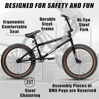 Freestyle BMX Bike, 20 Inch Yaphet Bicycle for Teen Beginner and Adult Riders, Bike with Hi-Ten Steel Frame, Multiple Colors