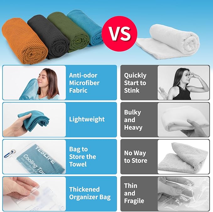 YESLIFE 4 Pack Cooling Towel 40"x12", Gym Towels for Men and Women, Soft Breathable Workout Towels for Yoga, Running, Sport, & More (Black, Army Green, Orange, Blue)