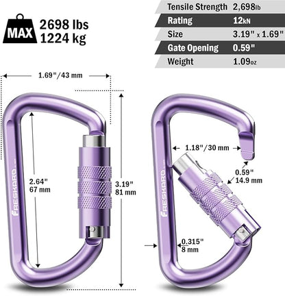 FresKaro 3inch 12kN-2698lbs Auto Locking Carabiner Clips, Solid D Shape, Heavy Duty 7075 Aluminum, Lightweight 1.09oz, Rust Proof, for Hammock, Hiking, Dog Leash, Keychain etc., Multi-Colors