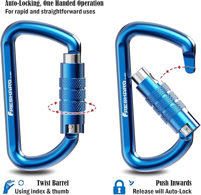 FresKaro 3inch 12kN-2698lbs Auto Locking Carabiner Clips, Solid D Shape, Heavy Duty 7075 Aluminum, Lightweight 1.09oz, Rust Proof, for Hammock, Hiking, Dog Leash, Keychain etc., Multi-Colors