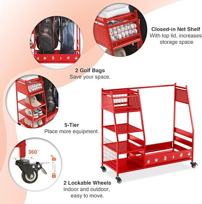 Lauren&Harold Golf Bag Organizer Garage Storage, Golf Storage Rack Stand Fits 2 Golf Bags, Golf Clubs and Other Golfing Equipment Accessories, Golf Organizer for Garage, Club, Shed, Basement