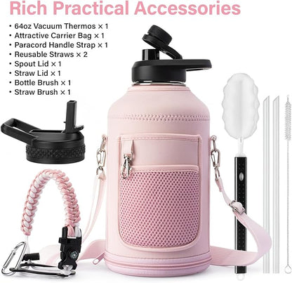 Insulated Water Bottle | Thickened Stainless Steel Vacuum Metal | Portable Sports Half Gallon Large Water Jug for Gym and Hiking with Straw, Carrier Bag, Handle Strap | BPA-Free 64 oz