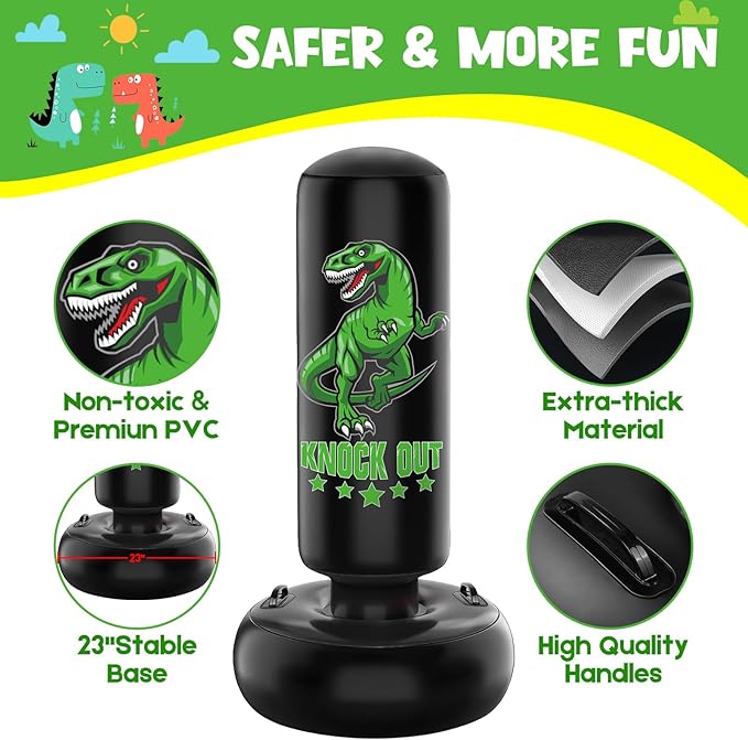 Larger Stable Dinosaur Punching Bag for Kids, 66" Tall Sports Kids Teens Inflatable Punching Bag with Boxing Gloves, Gifts for Boys & Girls Age 5-12 for Practicing Karate, Taekwondo, MMA