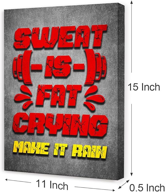 Gym Quotes Wall Art,Inspirational Workout Wall Decor,Sweat is Fat Crying Canvas Wall Art for Home Gym Exercise Fitness Room