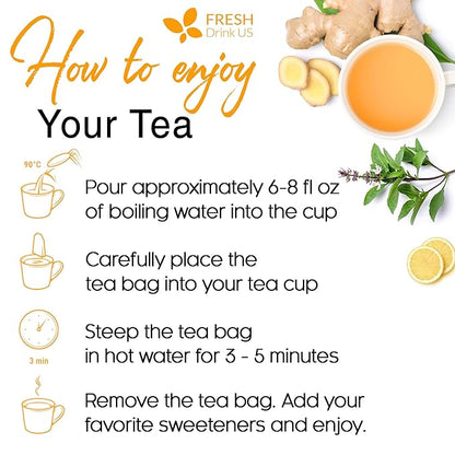 FreshDrinkUS, Premium 75 Tulsi Lemon Ginger Tea Bags, 100% Natural & Pure from Tulsi Holy Basil Leaves, Lemon and Ginger. Made with Natural Material Tea Bags. No Sugar, No Caffeine, Vegan.