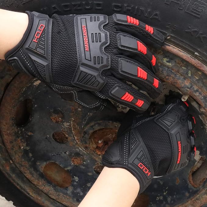 HANDLANDY Mens Work Gloves Touch screen, Utility Mechanic Gloves, Flexible Breathable Fit- Padded Knuckles & Palm