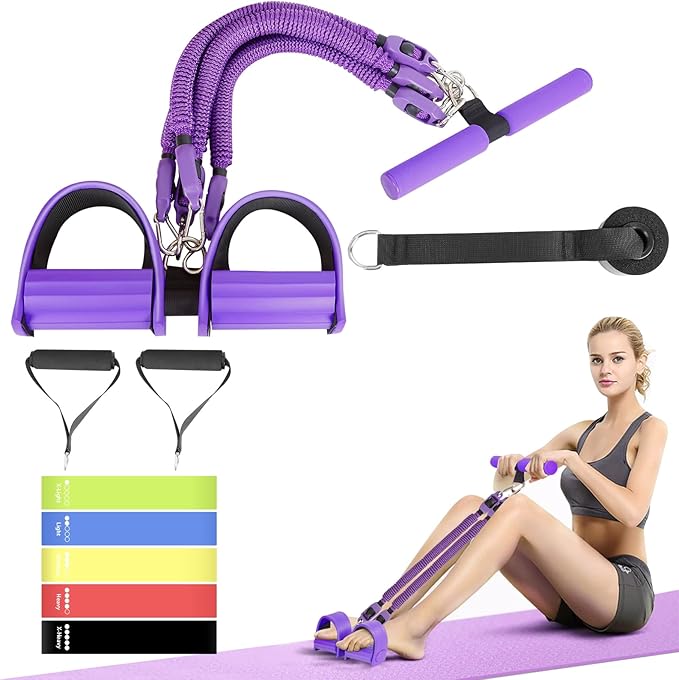 2025 Upgrade Pedal Resistance Band, 4-Tube Elastic Sit Up Pull Rope for Men and Women, Pedal Puller for Strength Training, Foot Resistance Rope for Physical Therapy, with 5Pcs Exercise Bands