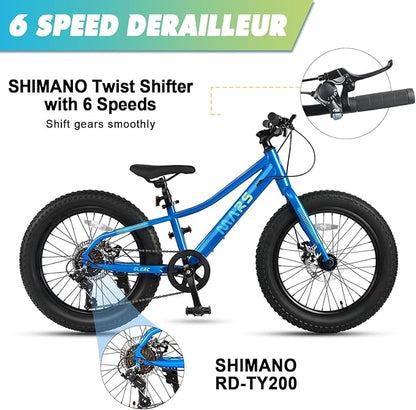 Glerc Mars Kids Mountain Bike, 20 24 Inch Fat Tire Bike for Teen Ages 6-14 Year Old, Bicycle with 2.8-Inch Wide Tires and 6 Speed Drivetrain, Multiple Colors