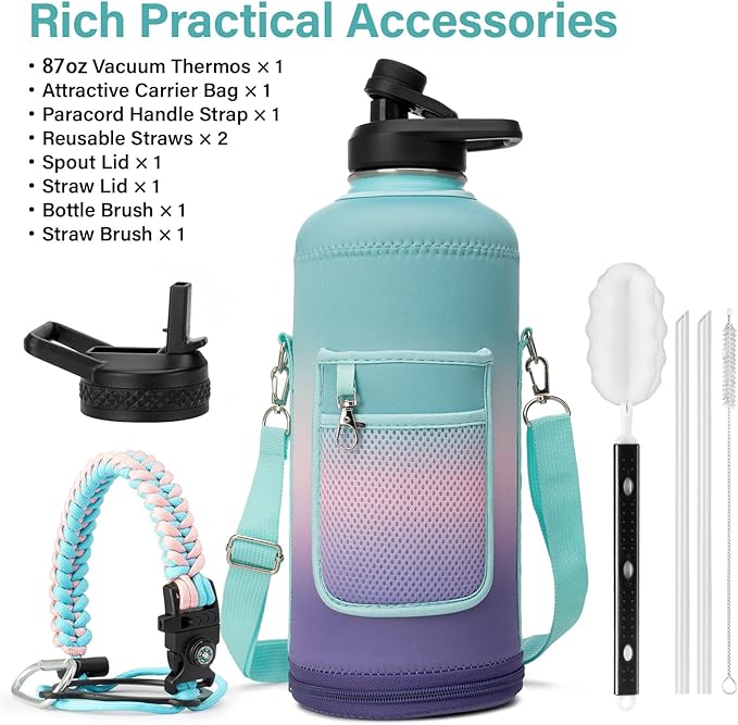 Insulated Water Bottle | Thickened Stainless Steel for Gym and Hiking with Straw, Carrier Bag, Handle Strap | BPA-Free 87 oz