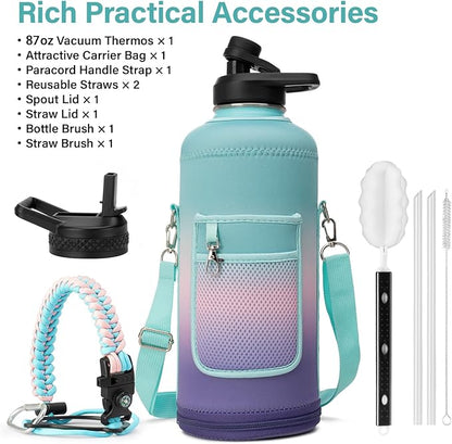 Insulated Water Bottle | Thickened Stainless Steel for Gym and Hiking with Straw, Carrier Bag, Handle Strap | BPA-Free 87 oz