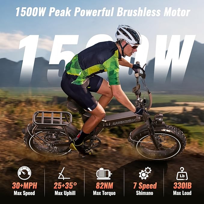 Folding Electric Bike for Adults, 20'' 1500W Peak Fat Tire Ebike, Up to 70 Miles 30+MPH Electric Mountain Bike with 52V 20AH Removable Battery, Dual Suspension, 7-Speed,UL Certified