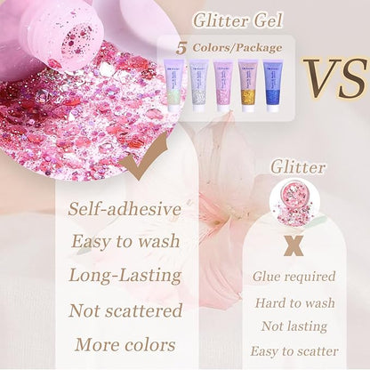 Face Body Glitter, Hair Glitter Sparkles Chunky Face Glitter Gel for Girls Makeup Singer Concerts Mermaid Festival Sequins Face Paint (White+Silver+Pink+Gold+Blue)