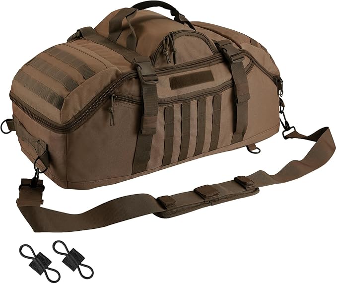 65L Large Duffle Bag, 3-in-1 Tactical Backpack MOLLE Pack for Sports, Gym, Outdoor, Dark Brown