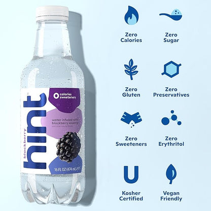 Hint Water Blackberry, Pure Water Infused with Blackberry, Zero Sugar, Zero Calories, Zero Sweeteners, Zero Preservatives, Zero Artificial Flavors, 16 Fl Oz (Pack of 12)