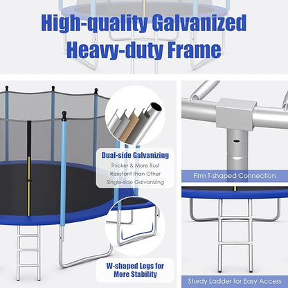 GYMAX Trampoline, 8FT 10FT 12FT 14FT 15FT 16FT Recreational Trampolines w/Safety Enclosure Net & Ladder - ASTM Certificated, Outdoor Trampoline for Kids and Adults