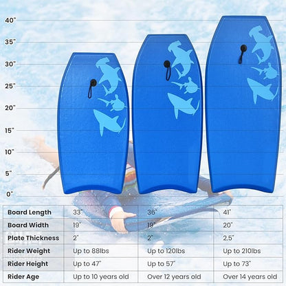 KOTEK 33/37/41 Inch Body Board with Wrist Leash, EPS Core, Dual Channel, HDPE Slick Bottom, Bodyboard for All Skill Levels & Wave Conditions
