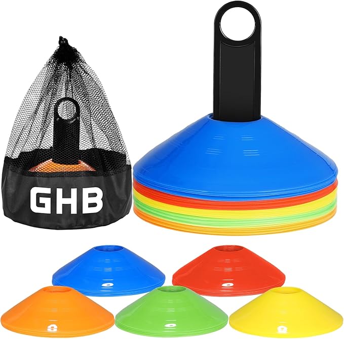 GHB Soccer Cones 25/50/100 Pack Disc Soccer Sport Cones Training Field Marker Agility Cones for Traffic, Basketball, Coaching, Practice Equipment Includes Cone Drills Guide