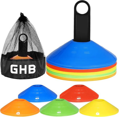 GHB Soccer Cones 25/50/100 Pack Disc Soccer Sport Cones Training Field Marker Agility Cones for Traffic, Basketball, Coaching, Practice Equipment Includes Cone Drills Guide