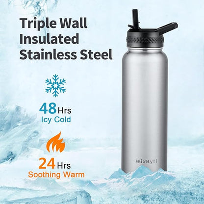 40 oz Insulated Water Bottle with Straw (Cold for 48 Hrs), Stainless Steel Triple Wall Vacuum Sports Water Jug, Leakproof Hydro Cup Flask with Paracord Handle & Straw Spout Lids & DIY Stickers