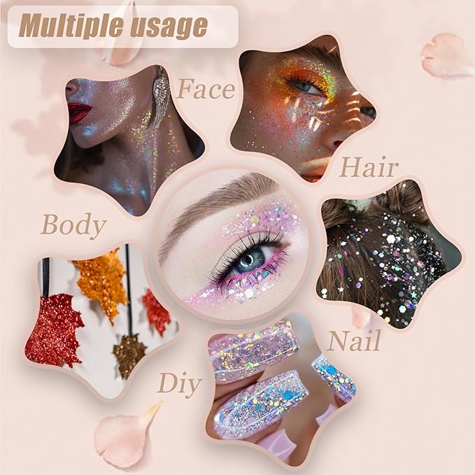 Face Body Glitter, Hair Glitter Sparkles Chunky Face Glitter Gel for Girls Makeup Singer Concerts Mermaid Festival Sequins Face Paint (White+Silver+Pink+Blue+Purple)