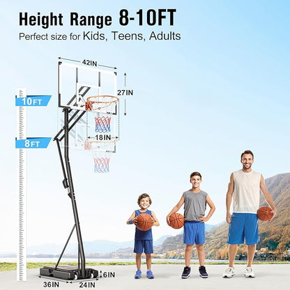 10FT Basketball Hoop Adjustable Easily, Basketball Hoop Outdoor with Shatterproof PC Backboard, Portable Basketball Hoops & Goals for Kids/Teens/Adults in Backyard, Driveway and Court