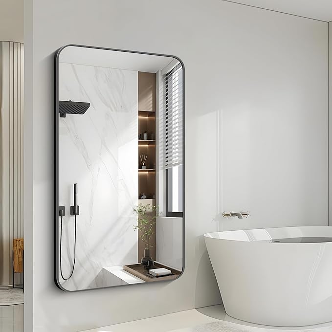 FORBATH Large Bathroom Mirror 60x36 Inches, Black Oversized Wall Mirror for 2 Sinks Aluminum Frame Wall Mounted Rounded Corner Morndern Mirror for Bathroom Bedroom Entryway Living Room
