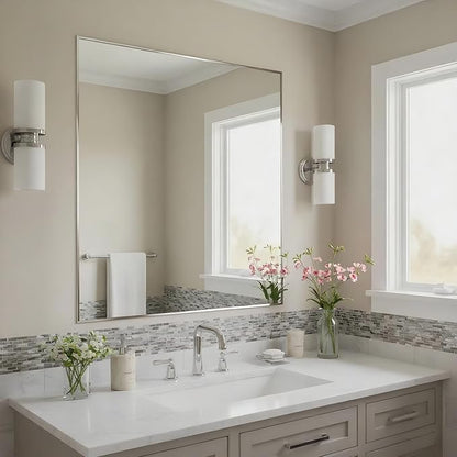 30x30 Inch Nickel Bathroom Mirror for Wall, Aluminum Frame Rectangle Rectangular Vanity Mirror, Modern Large for Bedroom, Living Room, Horizontal or Vertical