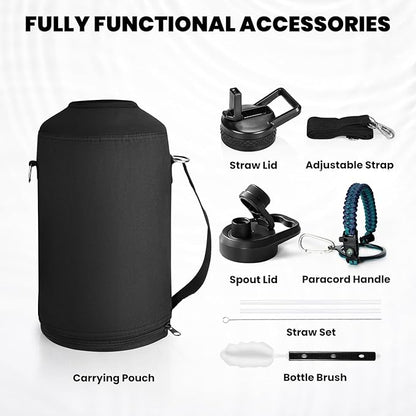 One Gallon Water Bottle Insulated, Triple Walled Vacuum Stainless Steel (Cold for 48 Hrs), Leak Proof & Non-BPA, Large Water Flask Jug with Paracord Handle & Straw Spout Lids