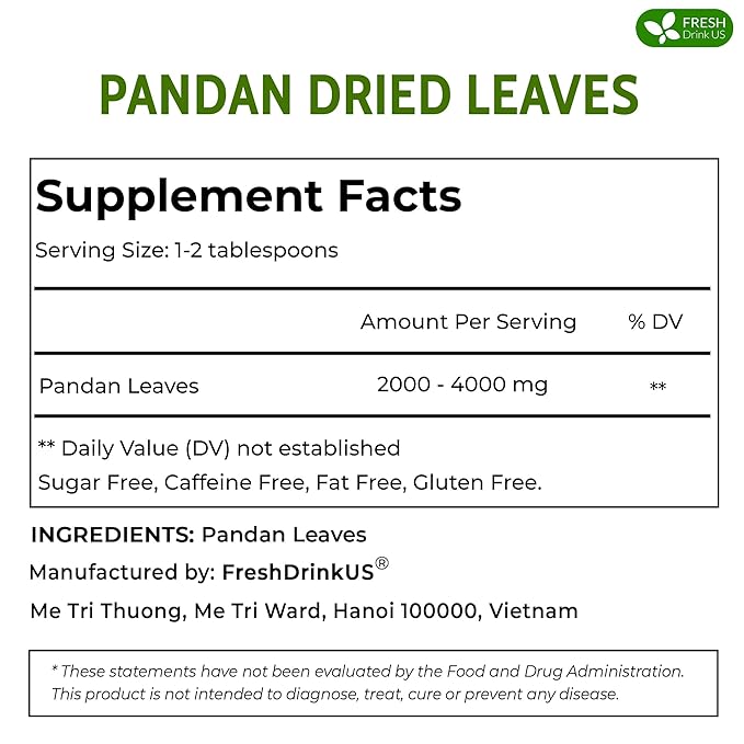 FreshDrinkUS, Premium 2oz Natural Pandan Leaves Dried, 100% Pure Dried Pandan Leaves, Pandan Leaf Tea, No Additives, No Caffeine, Vegan (2 oz Dried Leaves)