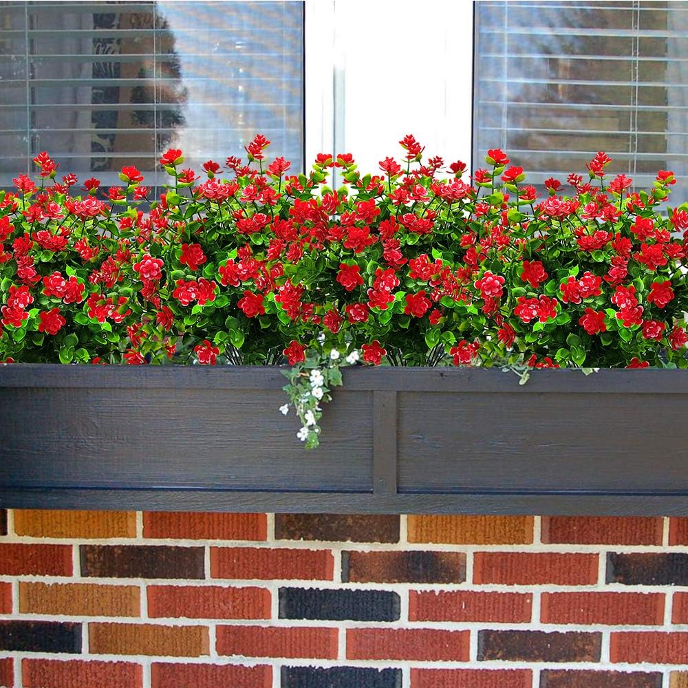 10 Bundles Artificial Fake Flowers, Faux Outdoor Plastic Plants UV Resistant Shrubs Outside Indoor Decorations (Red-Eucalyptus)