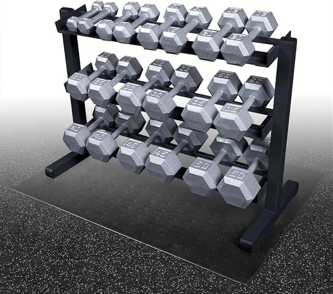 Body Solid (GDR363-RFHEX) Dumbbell Holder Rack with Hex Dumbbell Set 5-50 lbs & Vinyl Floor Mat, Weight Stand Rack for Dumbbells, Home and Commercial Gym Accessories