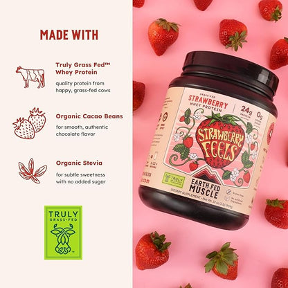 Earth Fed Muscle Strawberry Feels (Forever) – Irish Truly Grass‑Fed Whey Protein Isolate, No Sugar, Soy‑Free, Gluten‑Free (2 lb, 29 Servings, Strawberry)