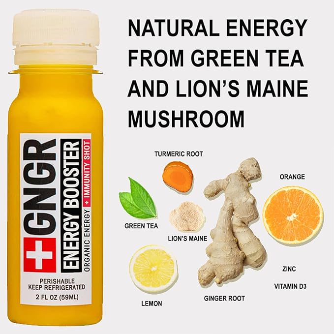 '+GNGR Energy Booster & Immunity Shot, Cold-Pressed Ginger Shots with Lions Mane, 75mg of Natural Caffeine Green Tea, Turmeric Root, Vitamin D & Zinc for All Natural Immune Support (2 Oz, Pack of 12)