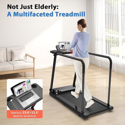 CIIHI Walking Treadmill for Senior - 350 lbs Senior Treadmill for Home with Long Handrails - Recovery Fitness Exercise Machine for Elder with Desk Workstation, Bluetooth Speaker