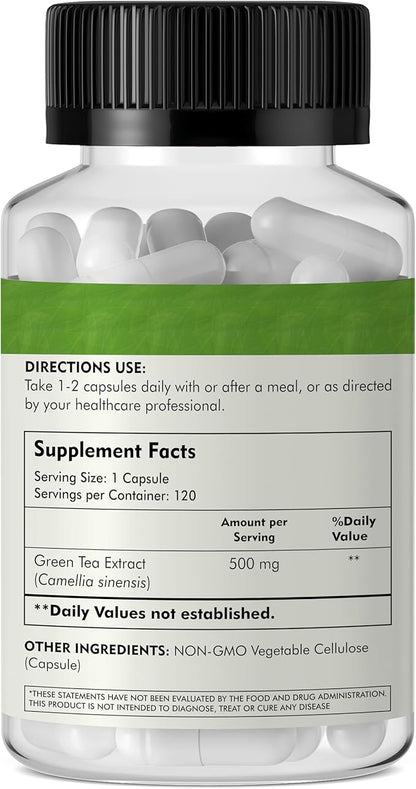 Green Tea Extract Capsules 500mg Standardized EGCG - 3X Strength for Natural Energy - Heart Support with Polyphenols - 120 Veggies Capsules
