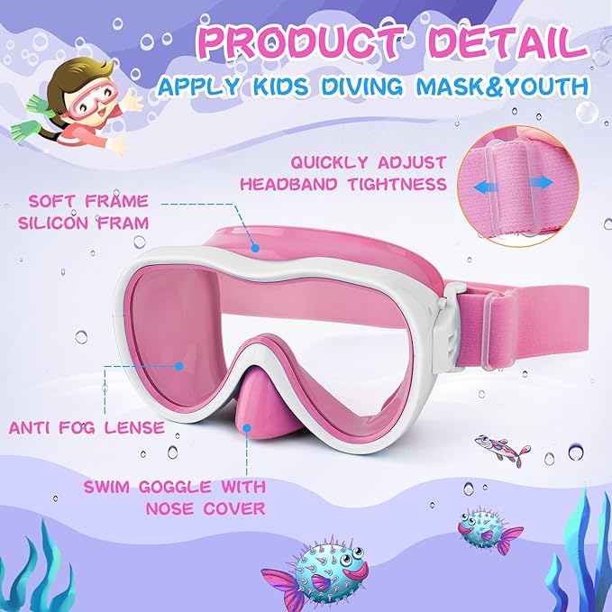 Kids Swim Goggles with Nose Cover, Anti-Leak Swim Mask with Elastic Fabric Strap, UV Protection Swimming Goggles for Kids