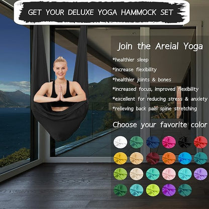 5.5 Yards Aerial Silks Yoga Swing Set - Aerial Yoga Hammock Kit Anti-Gravity Flying for Fitness, Low/Non Stretch Nylon Tricot Fabric Hardware Included for Dance