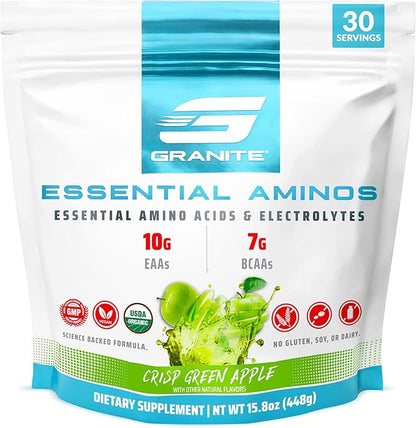 Granite Essential Amino Acids Powder, Green Apple Flavor, with 10g EAAs and 7g BCAAs, Supports Muscle Recovery & Growth, Soy-Free, Gluten-Free (30 Servings)